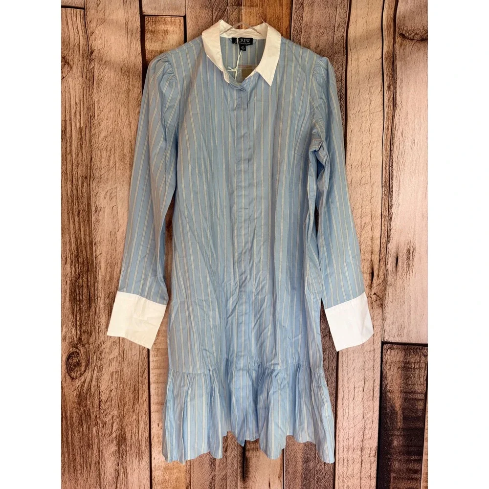 J.Crew Tall Tiered Shirt-Dress Striped Cotton Poplin Blue White 12 Tall NWT